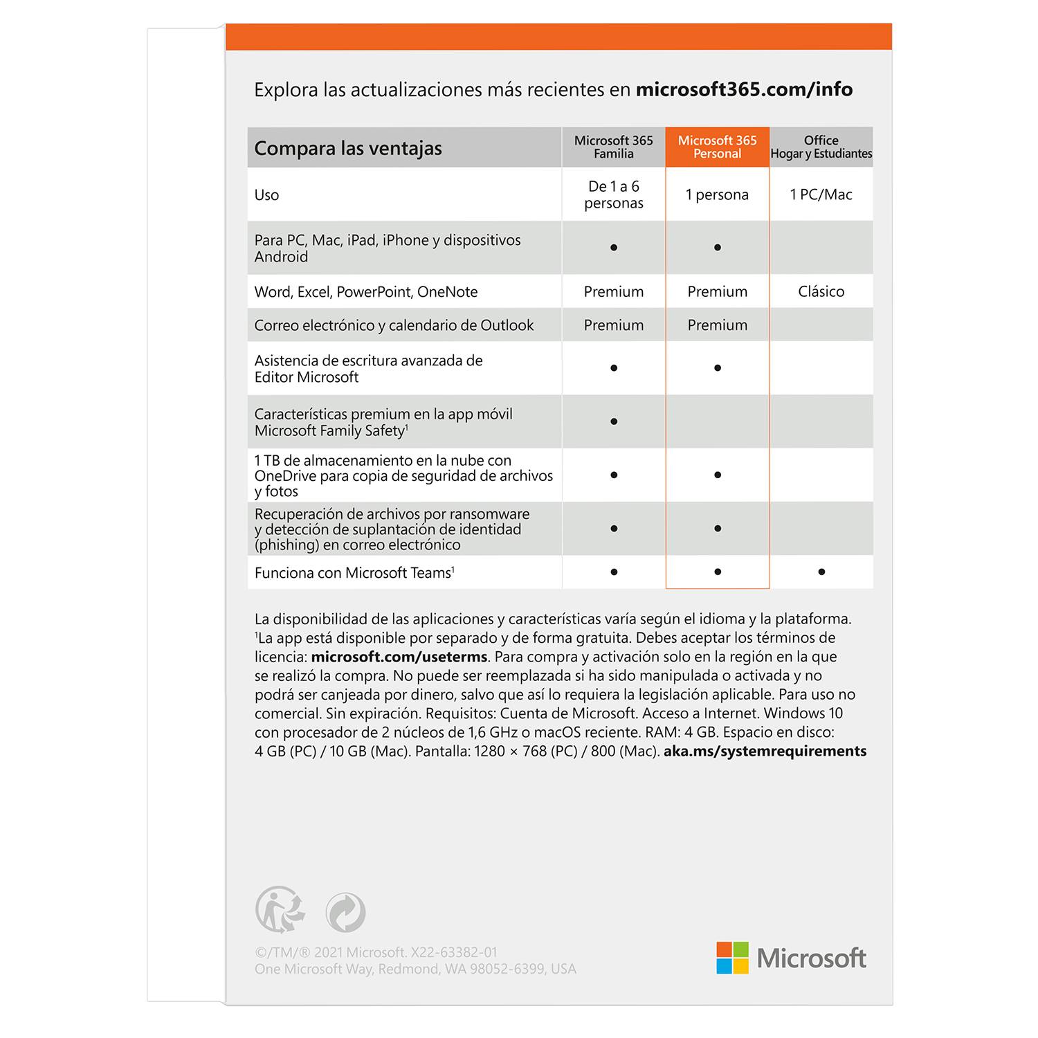 Microsoft Office 365 Personal 1 Usuario 5 Dispositivos 12 Meses